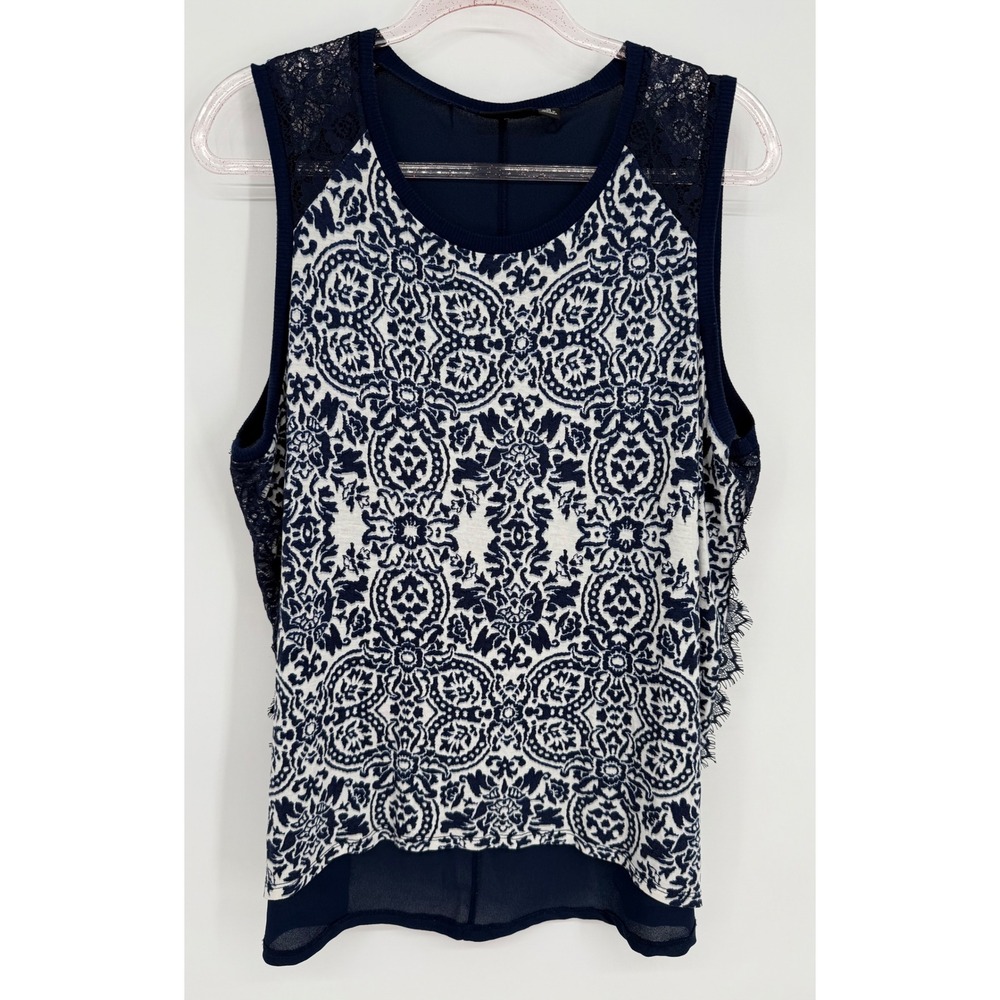ana A New Approach Navy Blue‎ Lace Trim Damask High Low Tank Top Womens Sz 1X